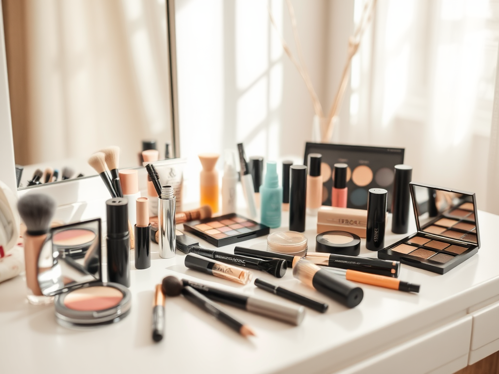 A vanity table cluttered with various makeup products, brushes, and mirrors, bathed in natural light.