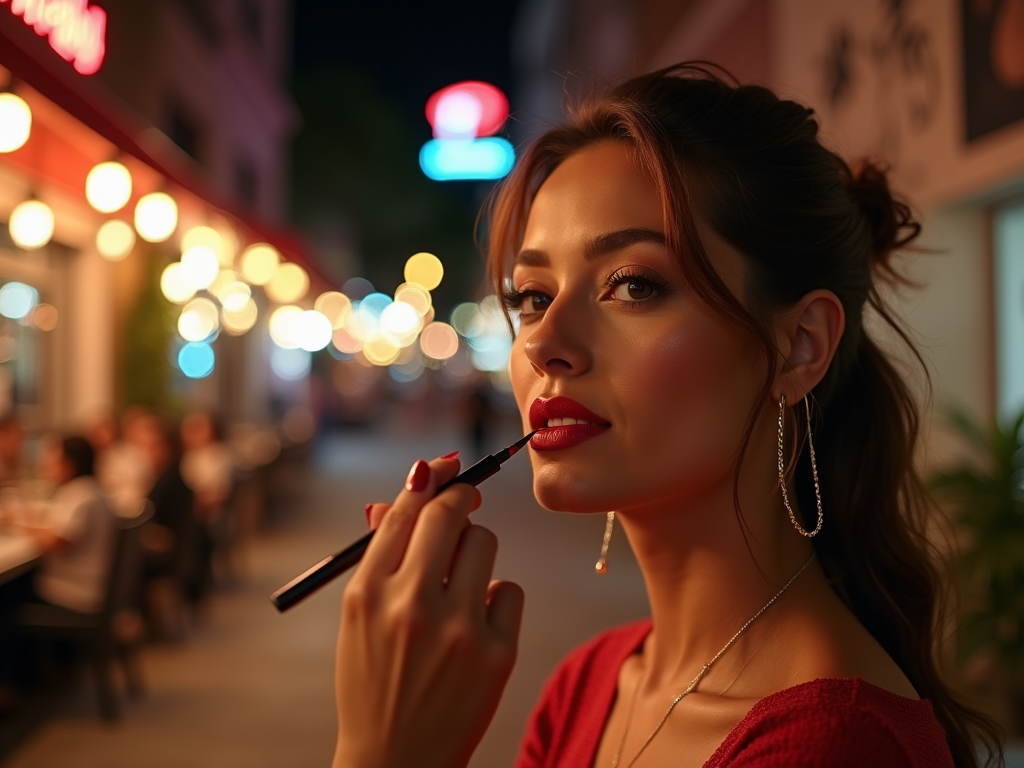 Woman applying lipstick at night with blurred city lights in the background.