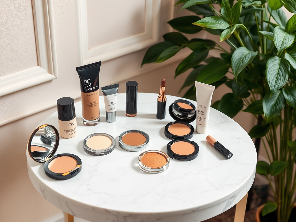 A marble table displays various makeup products, including foundations, powders, and lipsticks, with a plant in the background.