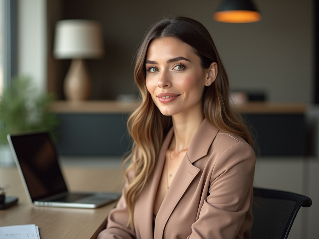 Young woman in a beige blazer smiling at the camera, sitting in a modern office.