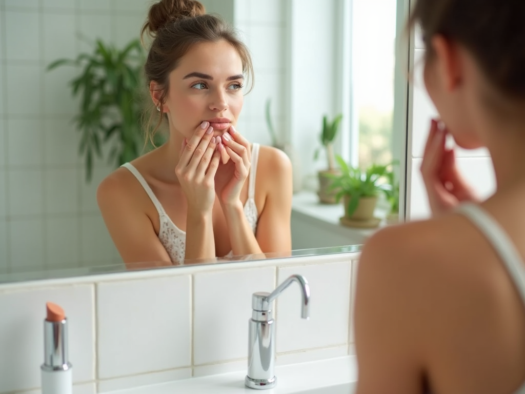 Young woman examining her face in bathroom mirror, surrounded by plants.