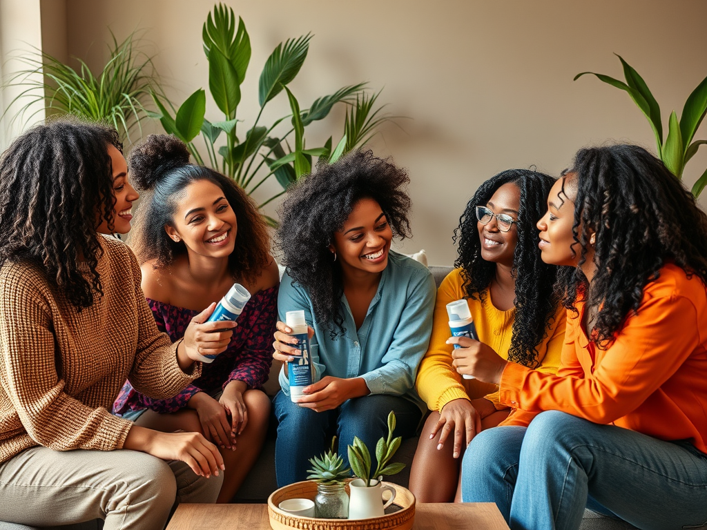 Five women with curly hair are sitting together, smiling and holding bottles, surrounded by greenery indoors.