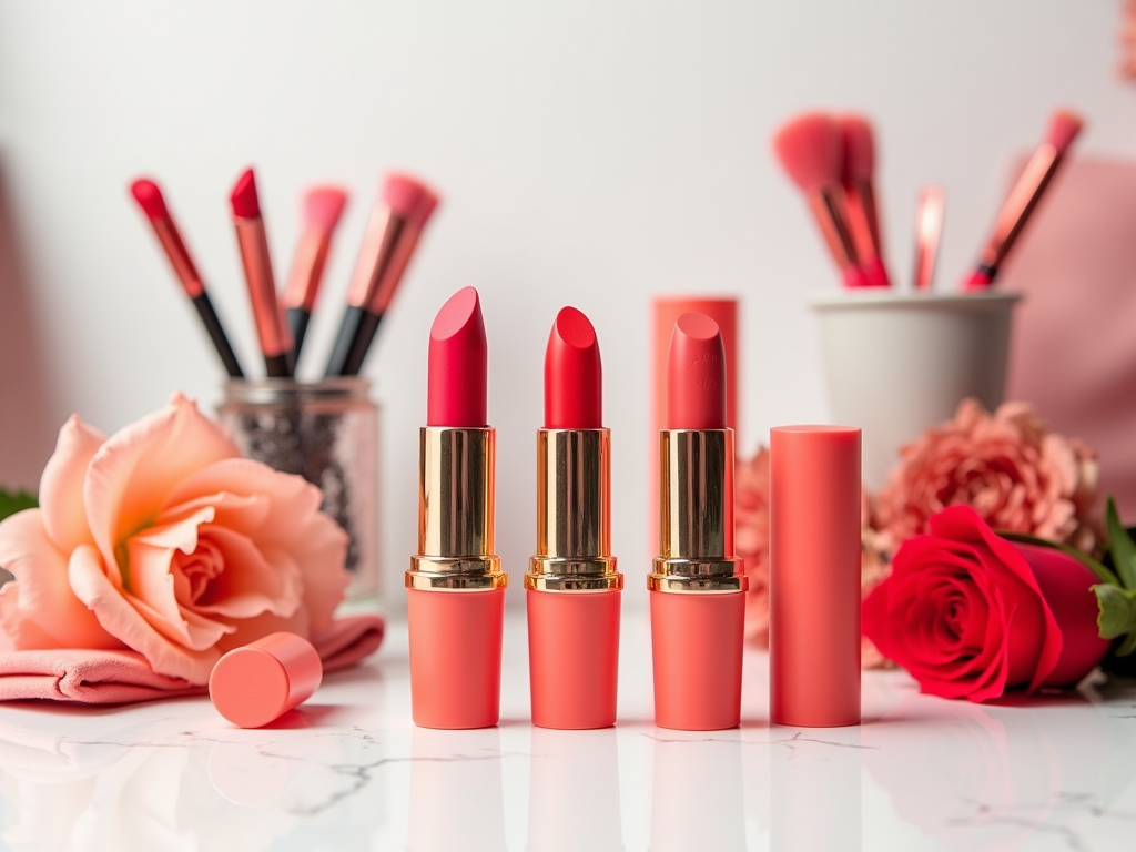 Three pink lipsticks with gold accents, set among flowers and makeup brushes.