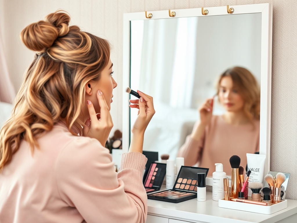 A woman applies makeup while looking in a mirror, surrounded by various beauty products on a dresser.