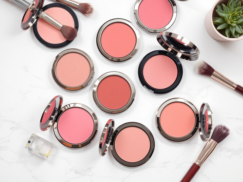 A collection of blush compacts in various shades, surrounded by brushes and a small plant on a marble surface.