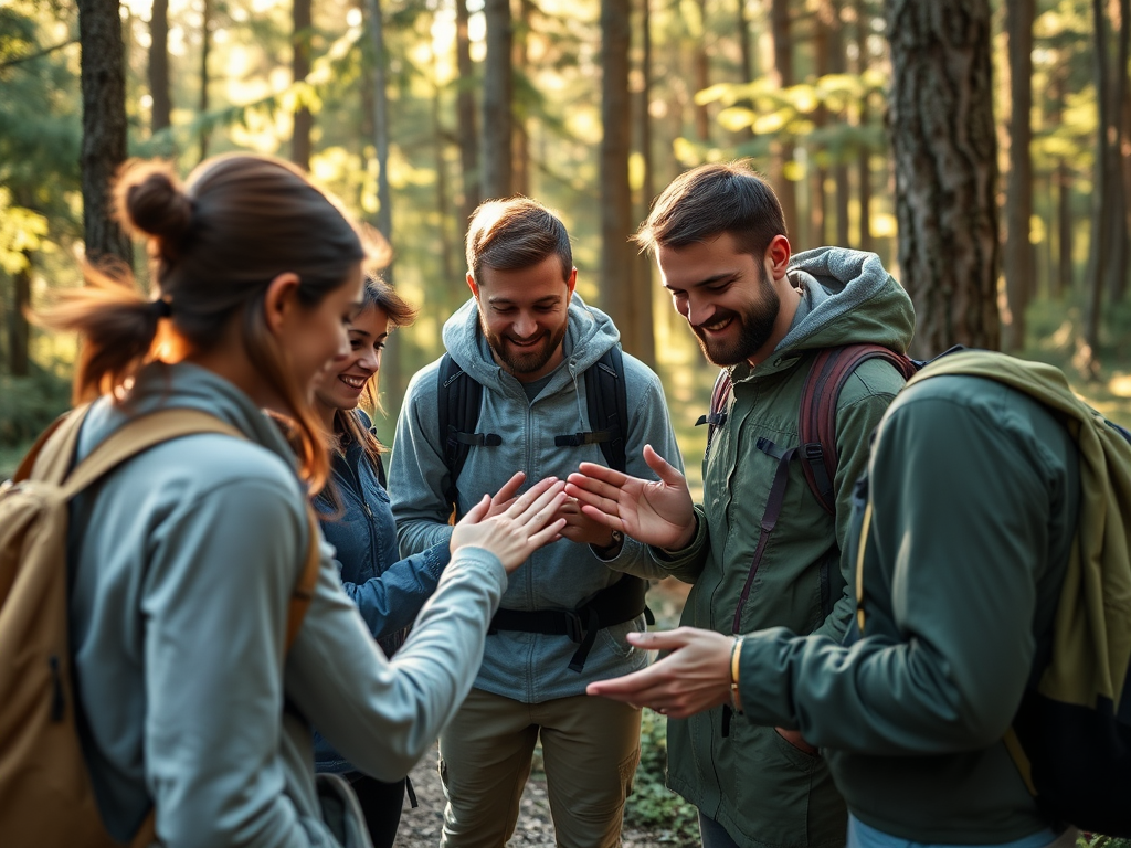 A group of five friends enjoying a fun moment outdoors, laughing and engaging with each other in a forest setting.