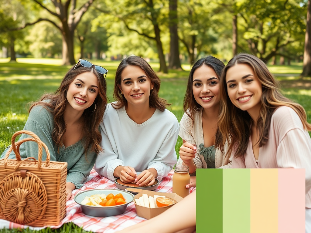 Four young women enjoy a picnic on a sunny day in a park, smiling and surrounded by food on a blanket.