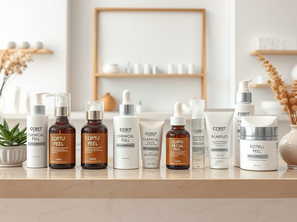 A selection of skincare products on a countertop, including various peels and serums in elegant packaging.