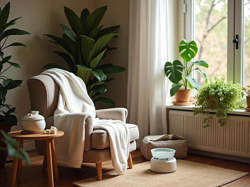 Cozy room with an armchair covered in a white blanket, surrounded by lush indoor plants.