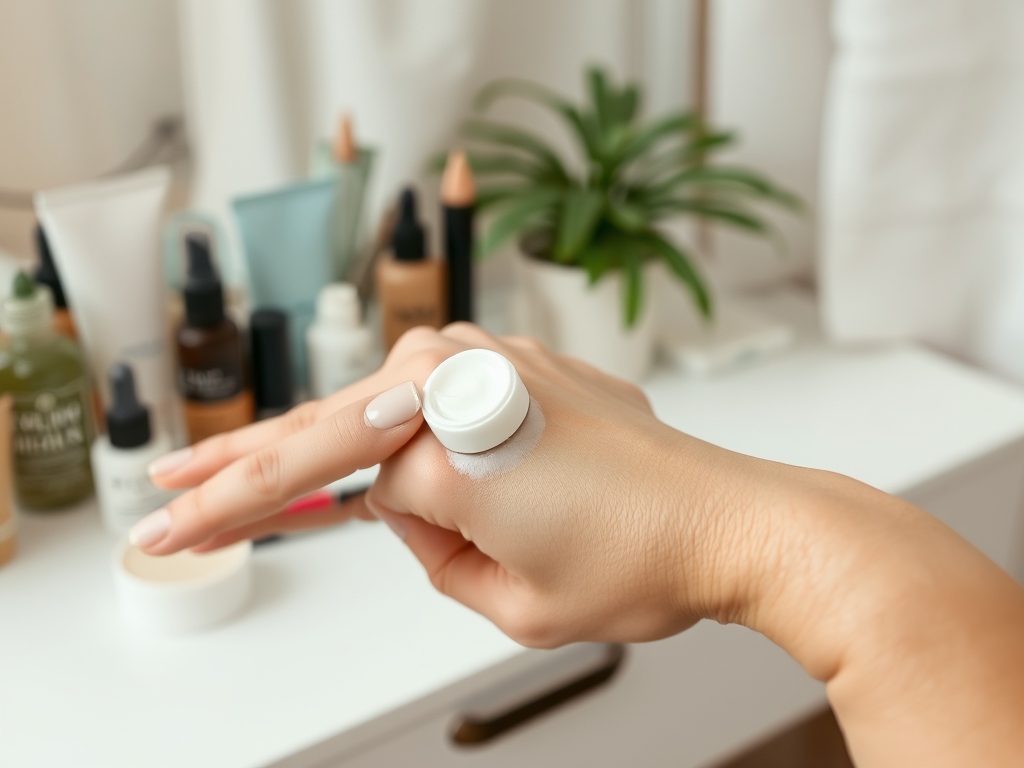 A hand with light-colored nails holds a jar of cream, with various skincare products in the background.