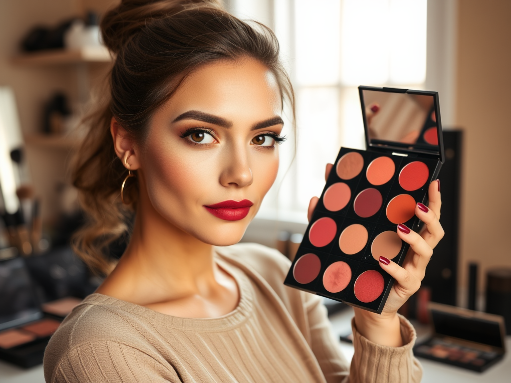 A woman with glamorous makeup holds a palette of rich lipstick shades against a blurred background of beauty products.