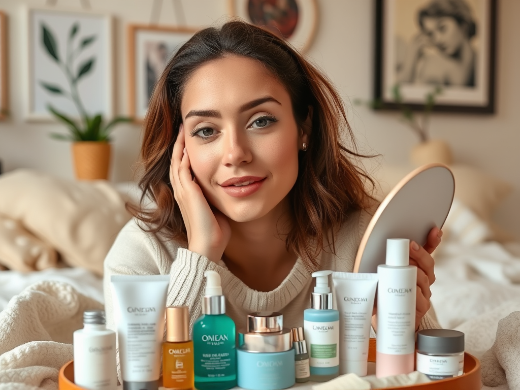 A woman smiles while holding a mirror, surrounded by various skincare products on a tray.