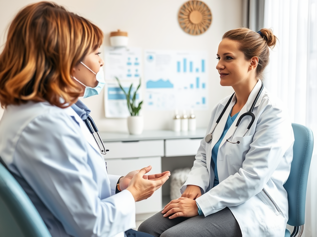 A doctor and a patient talk in a modern medical office, both wearing face masks during the consultation.