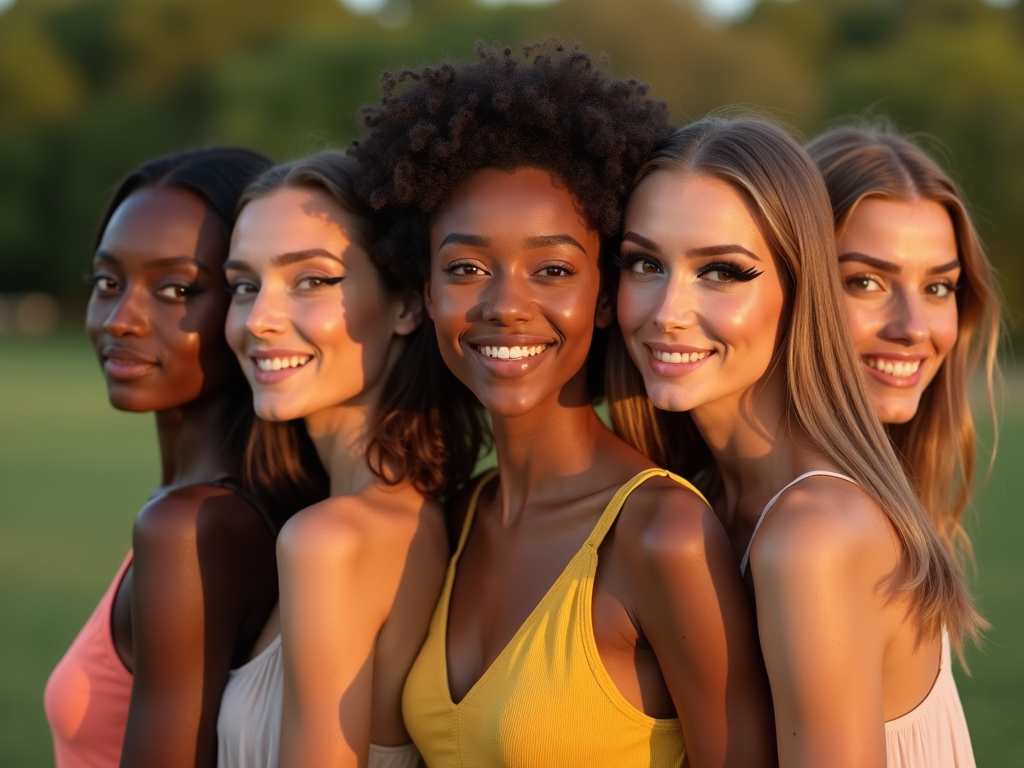 Five diverse women smiling together outdoors at sunset.