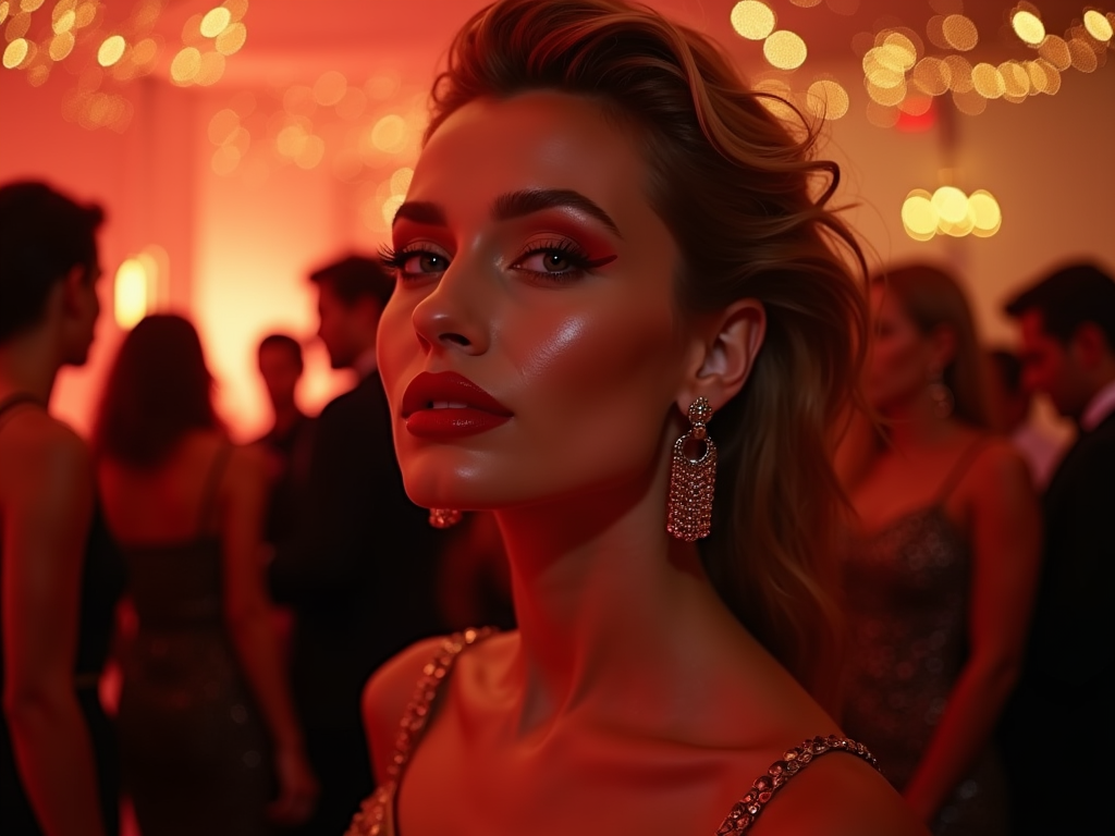 Elegant woman at a party with shimmering lights, wearing bejeweled earrings and glamorous makeup.