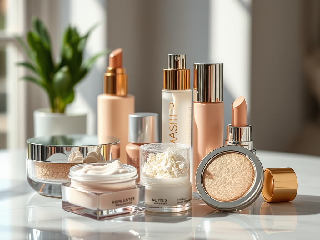 A variety of cosmetics displayed on a table, including foundations, powders, and lip products, with a plant in the background.