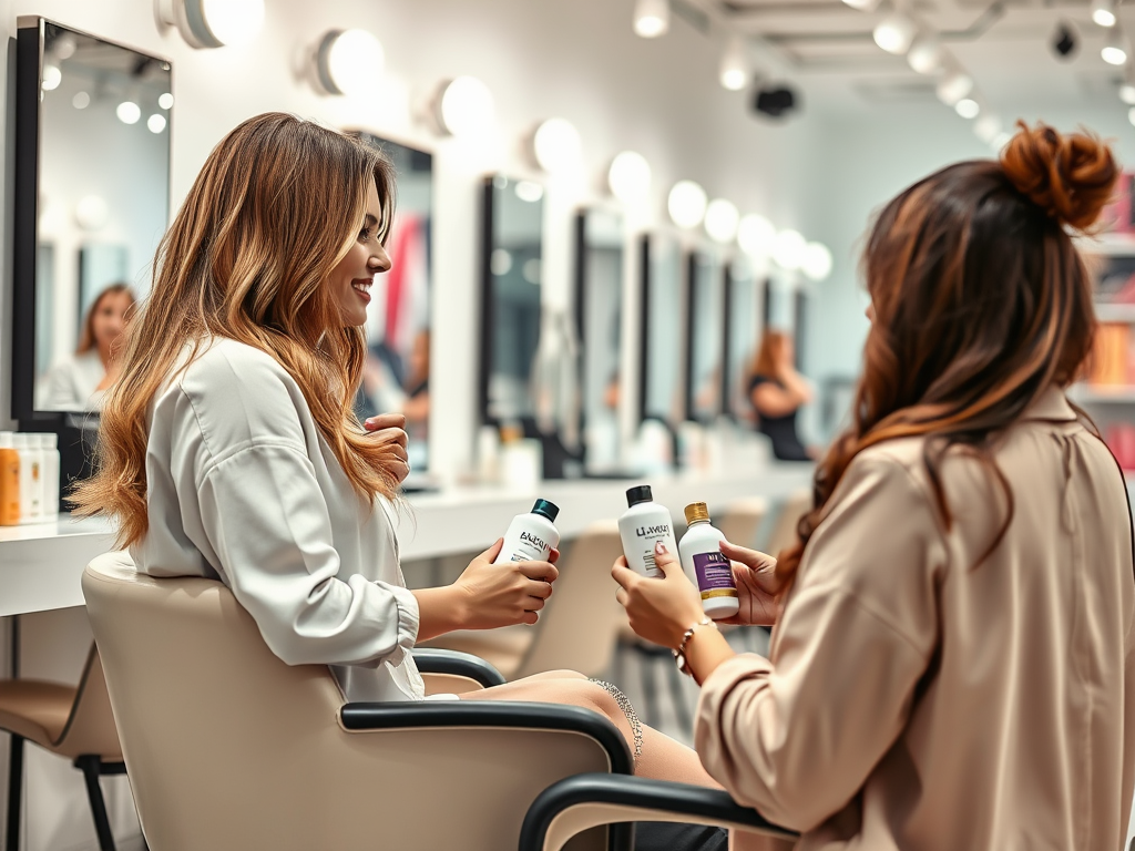 Two women are in a salon, sharing hair product recommendations while sitting in front of mirrors.