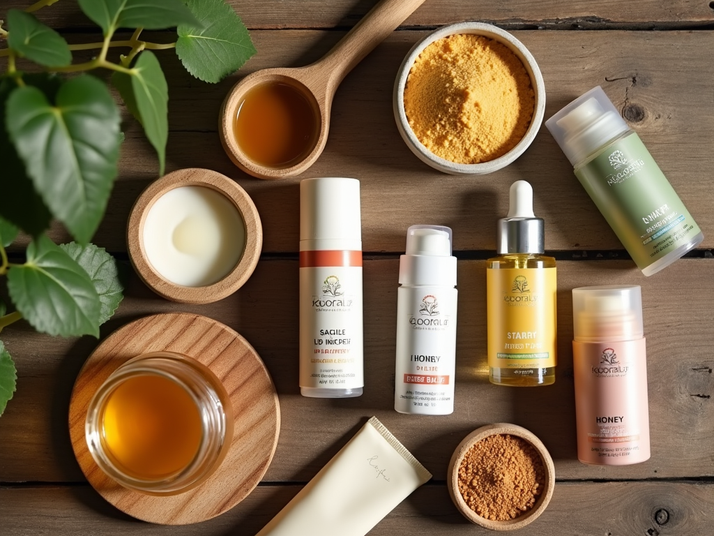 Arrangement of skincare products with honey and natural ingredients on wood.