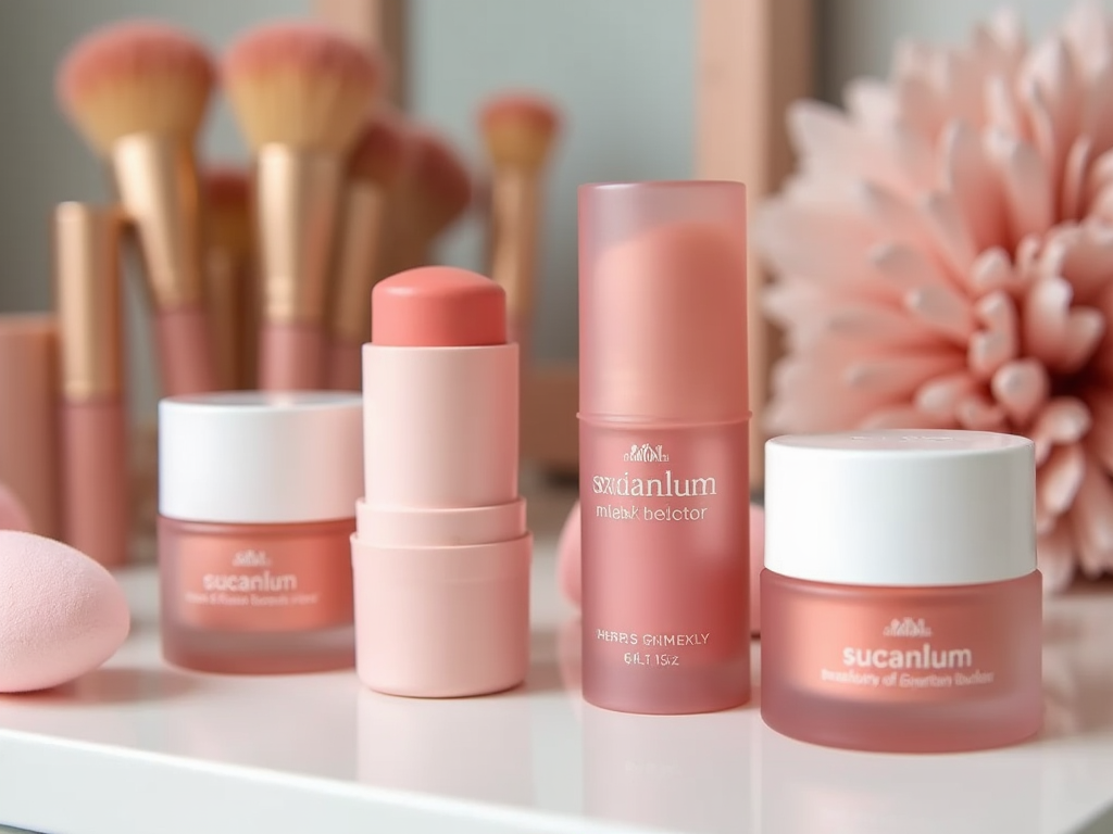 Variety of pink skincare products and makeup brushes on a bright surface.