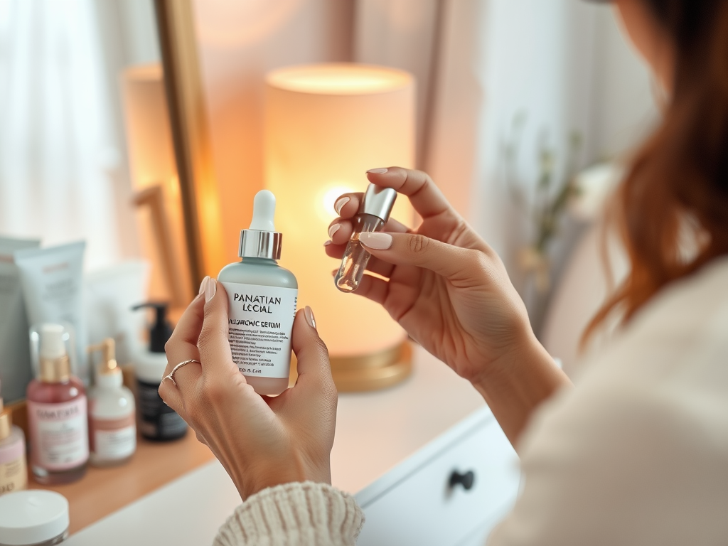 A person holds two skincare serums in front of a mirror and warm lamp, surrounded by various beauty products.