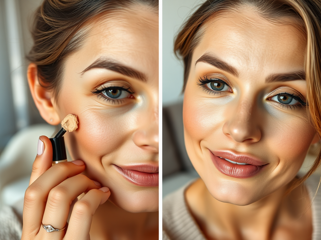 A woman applying foundation to her cheek with a makeup stick, smiling at the camera. Soft lighting and neutral background.