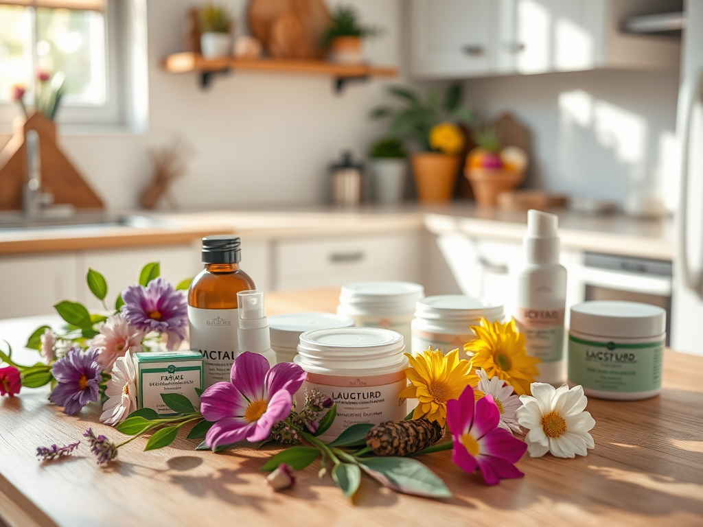 A wooden table displays various skincare products surrounded by colorful flowers in a bright kitchen.