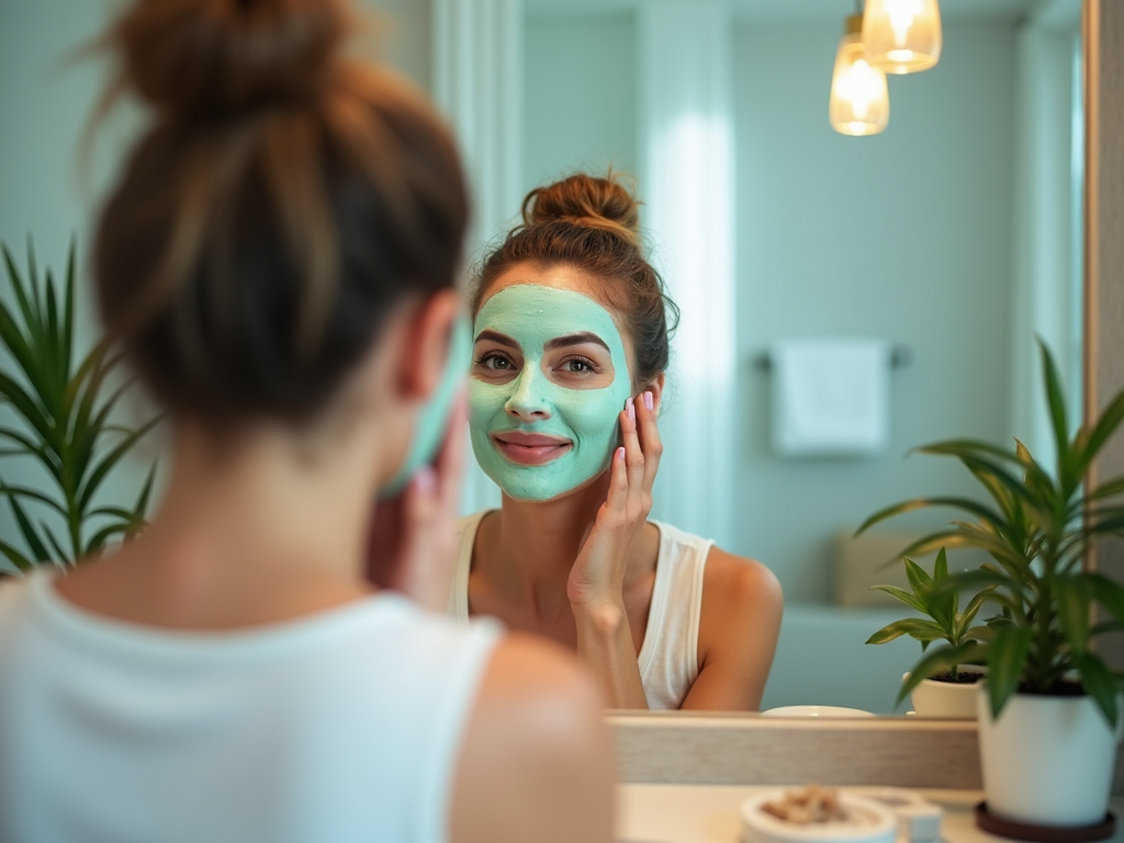 Woman applying a facial mask, smiling at her reflection in a bathroom mirror.