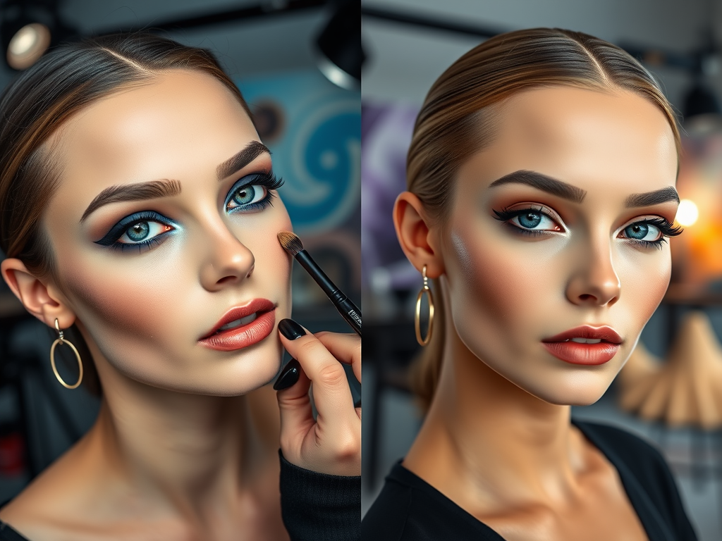 A close-up of a woman with vibrant makeup, showing eye makeup application and her striking features.