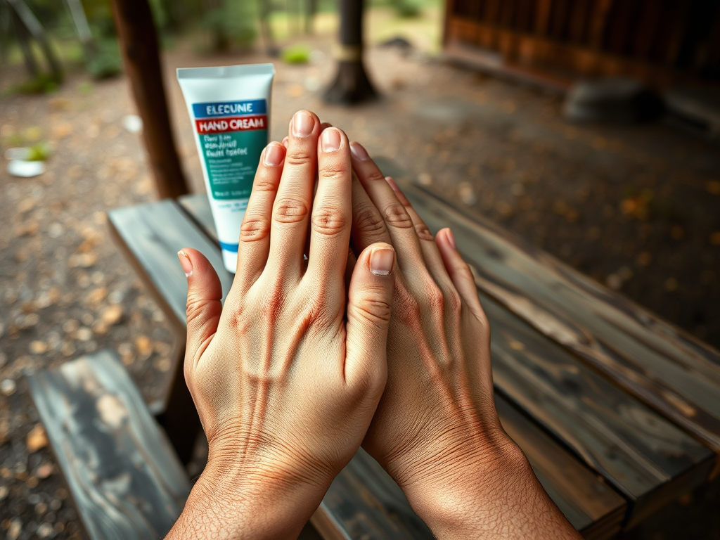 Two hands are clasped together in front of a tube of hand cream on a wooden table in a natural setting.