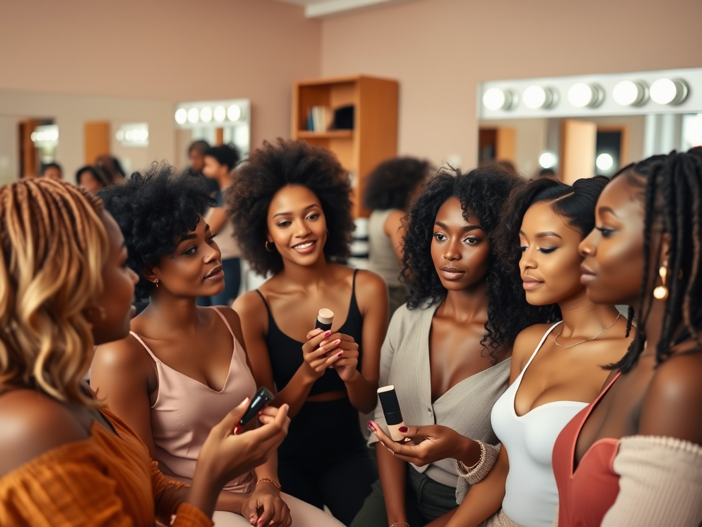 A group of six women with diverse hairstyles and outfits, discussing makeup products in a beauty studio.