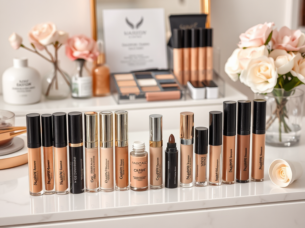 A collection of various makeup products displayed on a vanity, including foundations, concealers, and flowers in the background.