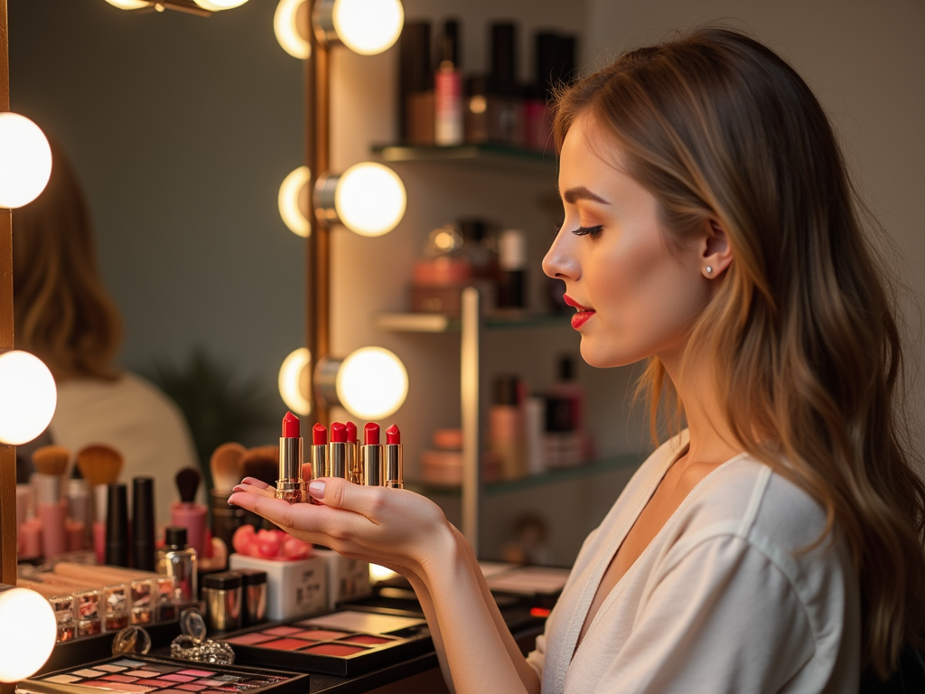 Woman holding lipstick in front of a mirror with lights at a makeup table.