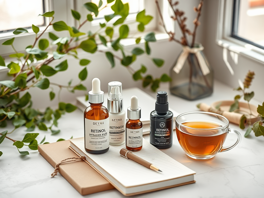 A serene setting with skincare serums, a cup of tea, a notebook, and green leaves by a window.