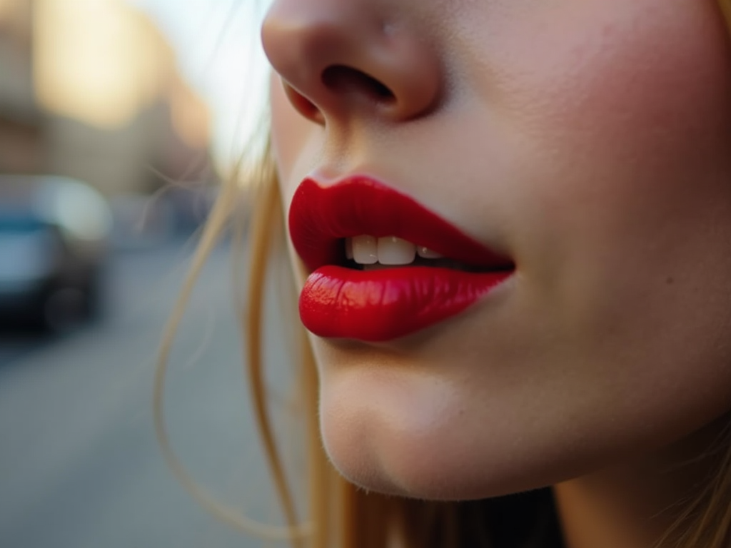 Close-up of a woman's face focusing on bright red lips, hint of a smile, on a soft-lit street background.