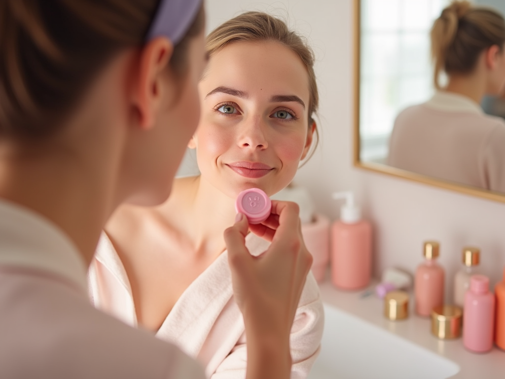 Woman in a bathrobe smiles while holding skincare product, reflected in a bathroom mirror.