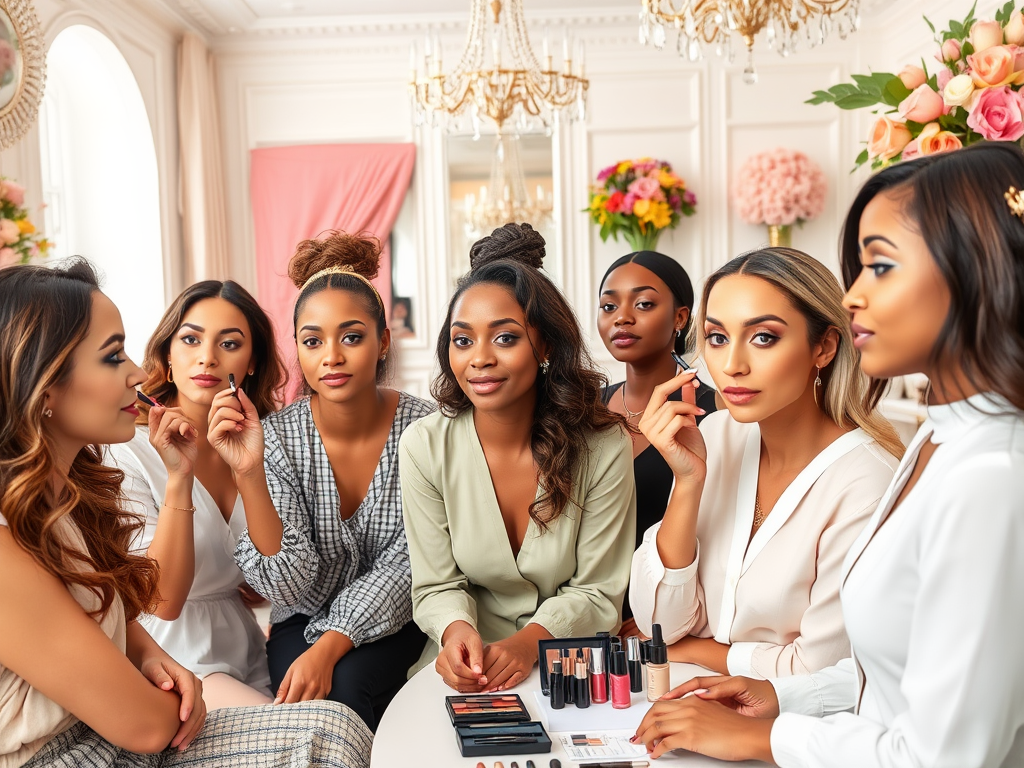 Seven diverse women are seated together, showcasing makeup products and applying lipstick in a stylish, bright setting.