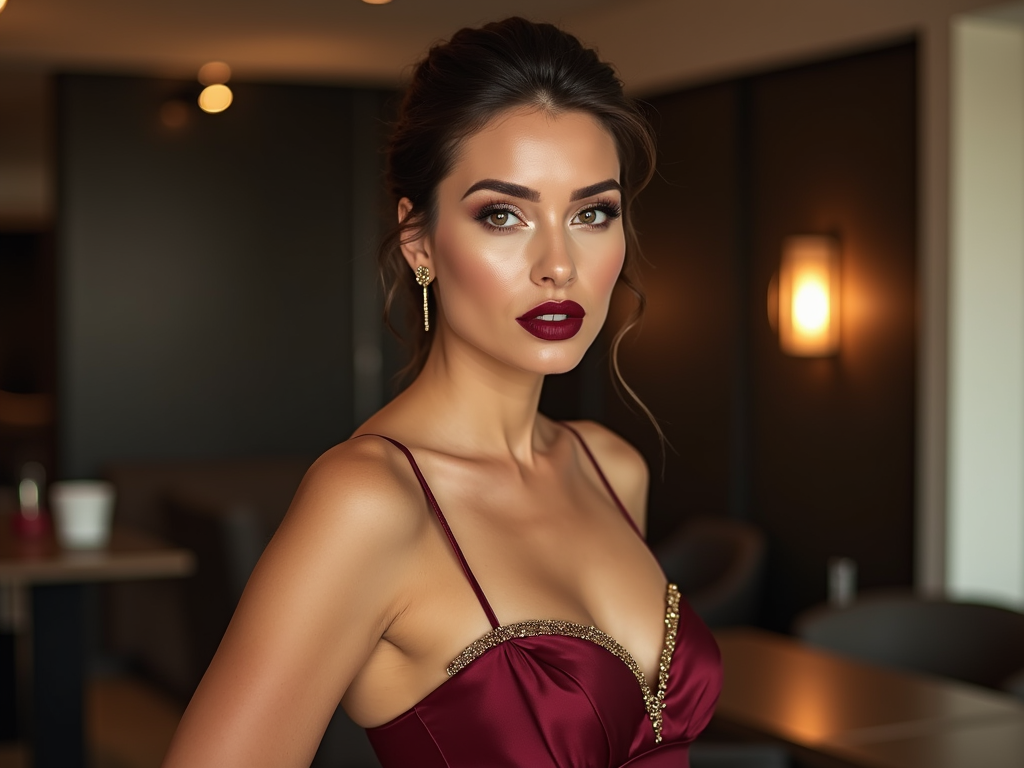 Woman with elegant makeup in a maroon dress looking at the camera.