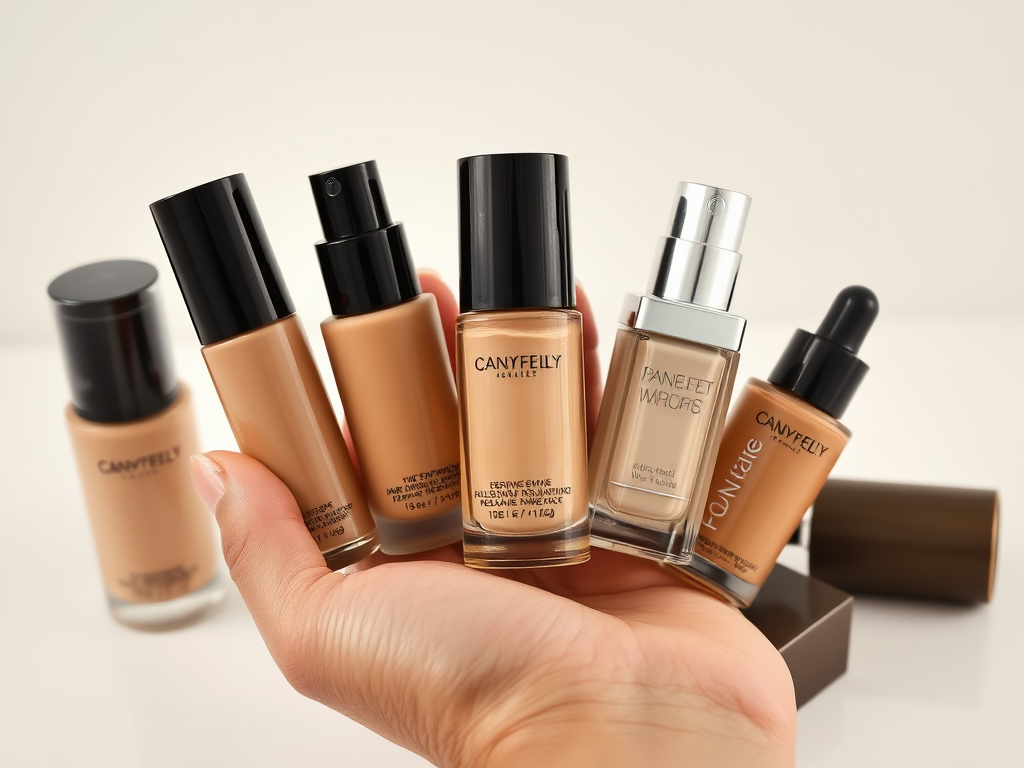 A hand holding five different foundation bottles against a light background, showcasing various shades and brands.