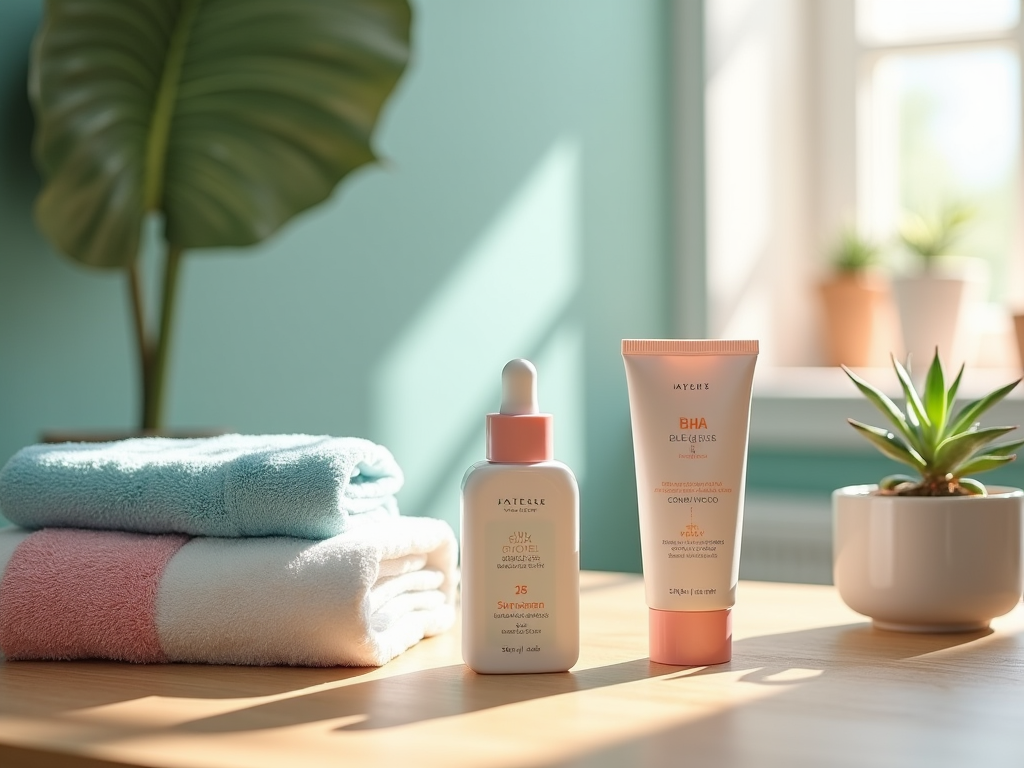 Skincare products on a wooden table with towels and houseplants in a sunny room.