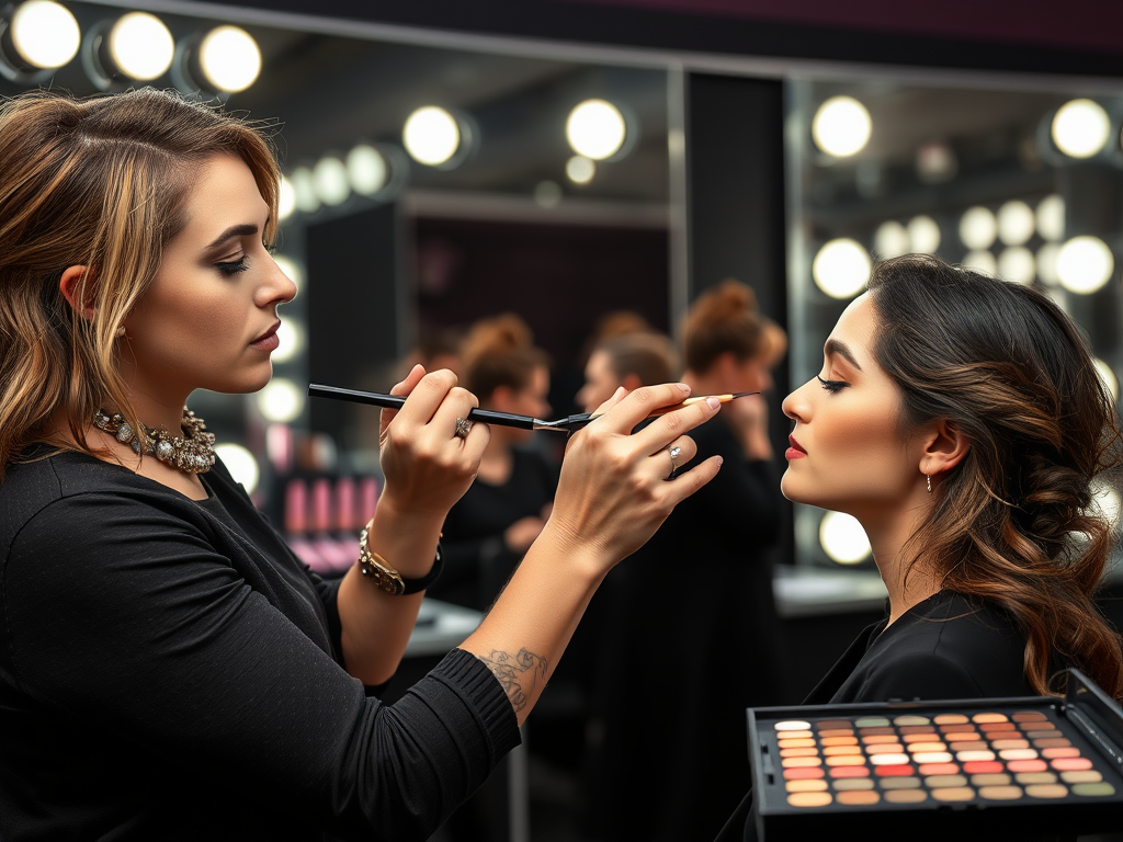 A makeup artist applies makeup to a woman's lips in a studio filled with mirrors and bright lights.