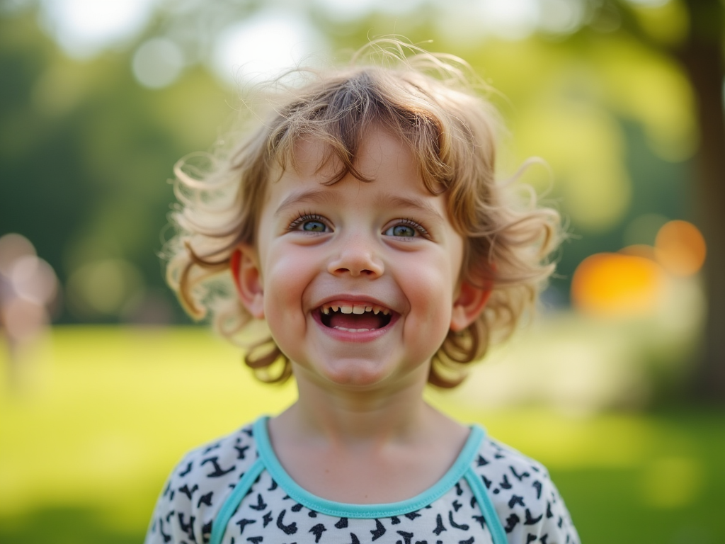 Joyful young child with curly hair laughing in a sunlit park.