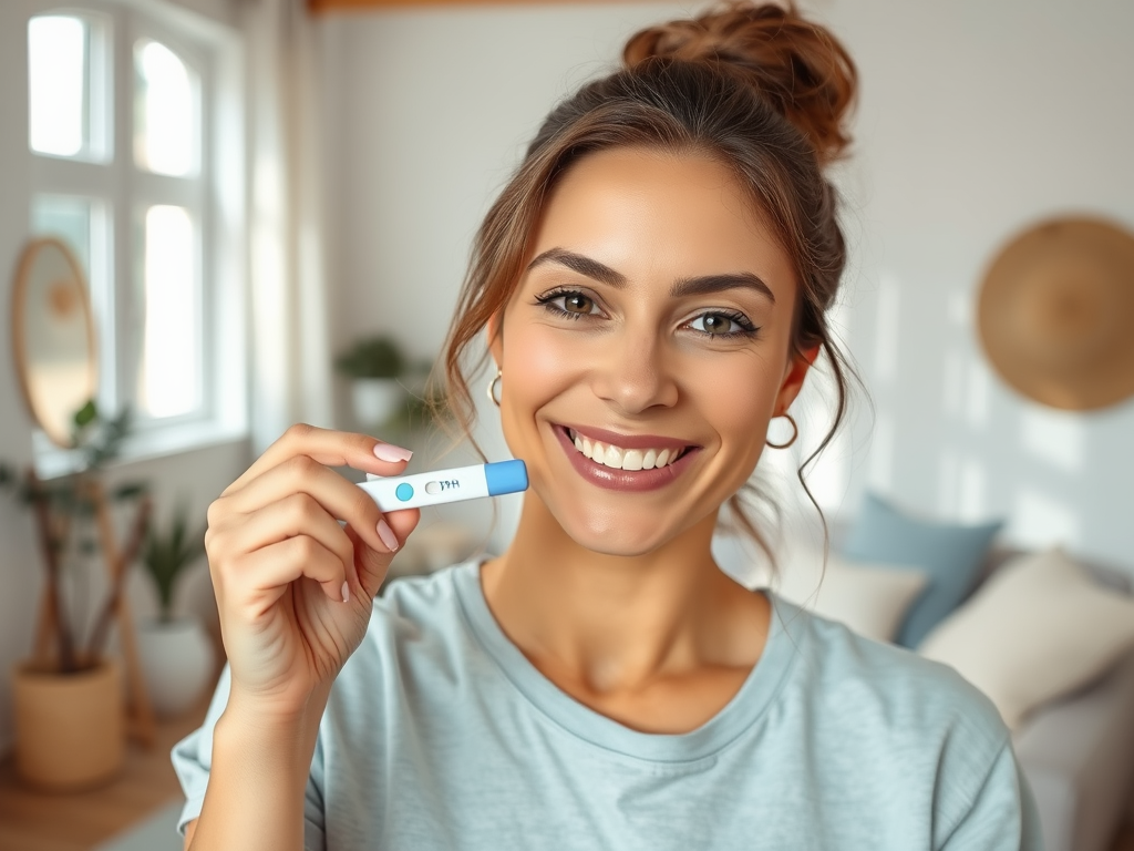 A smiling woman holds a small device in her hand, standing in a bright, cozy room with plants in the background.