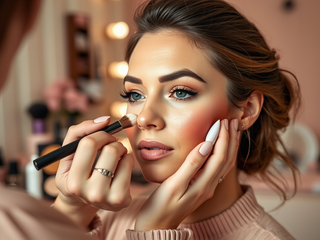 A woman applies makeup to another woman's cheek, with a beautifully arranged vanity in the background.