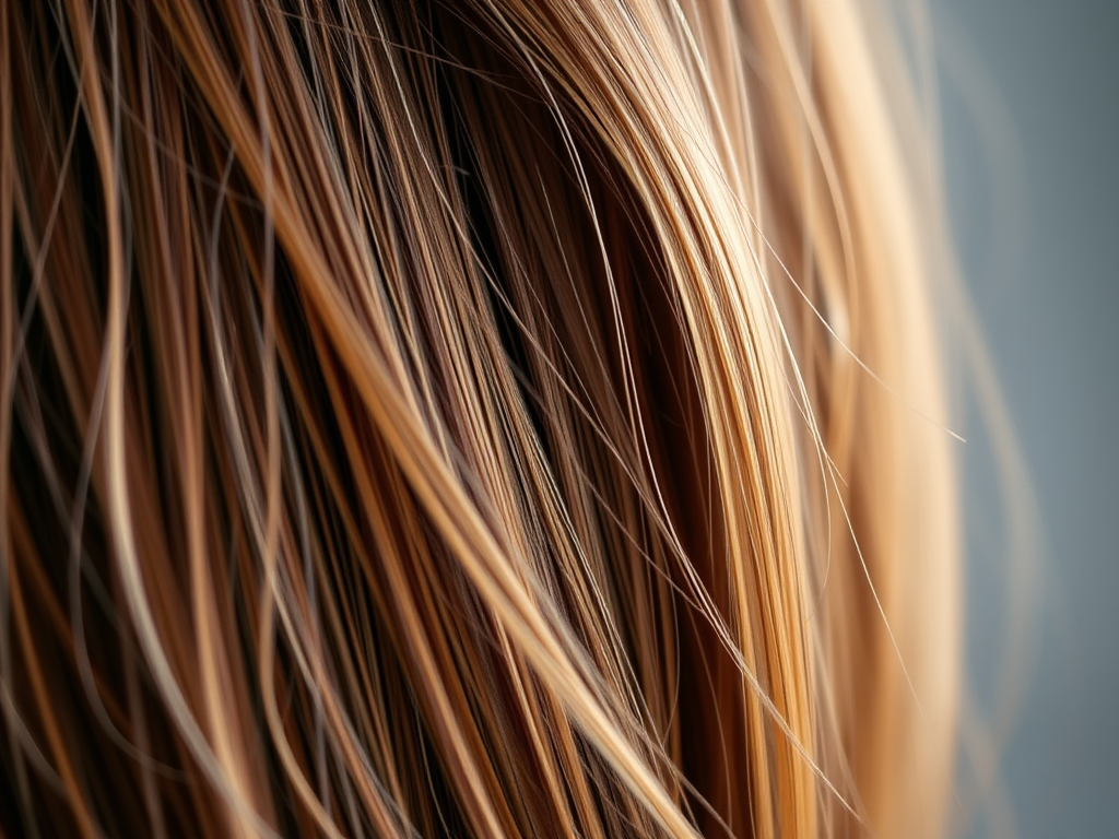 Close-up of silky, highlighted hair with varying shades of brown and blonde, softly reflecting light.