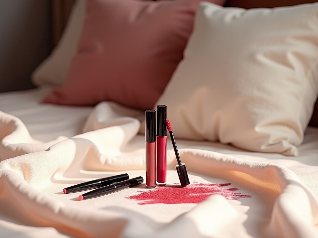 Lipstick and lip gloss spilled on a white bedspread, with pillows in the background.