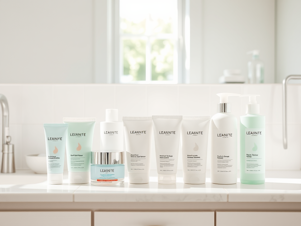 A collection of skincare products displayed on a bathroom countertop in soft natural lighting.