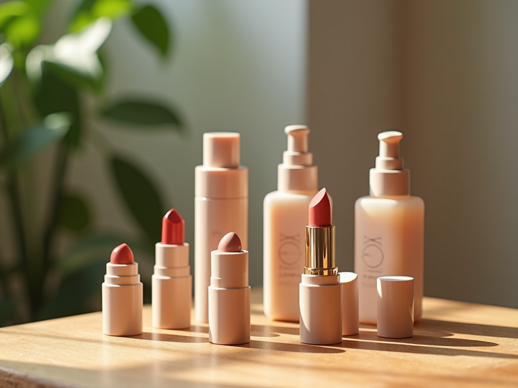 Array of lipstick and skincare products on a wooden surface with soft sunlight and greenery backdrop.